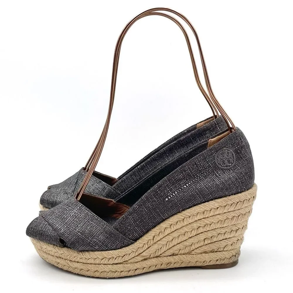 Tory Burch Filipa Espadrille Wedge Heel in Shimmer Pewter Linen Women’s Size 5.5
